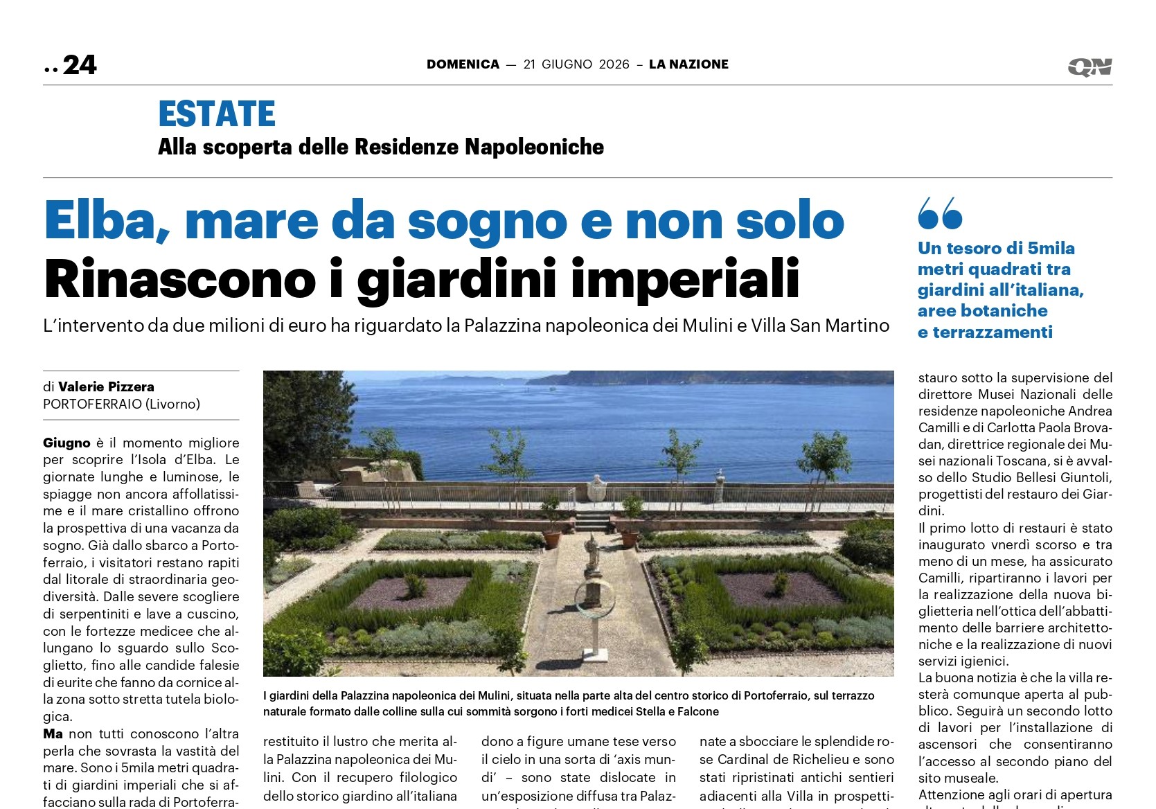 La Nazione restauro giardini napoleonici Elba